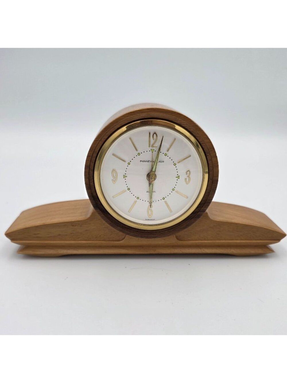 Phinney Walker Vintage Small Teak Wood Mantel Alarm Clock Germany Gold Accents
